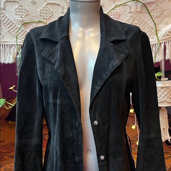 Vintage 90s Goth black suede leather maxi duster trench coat jacket - Picture 4 of 7